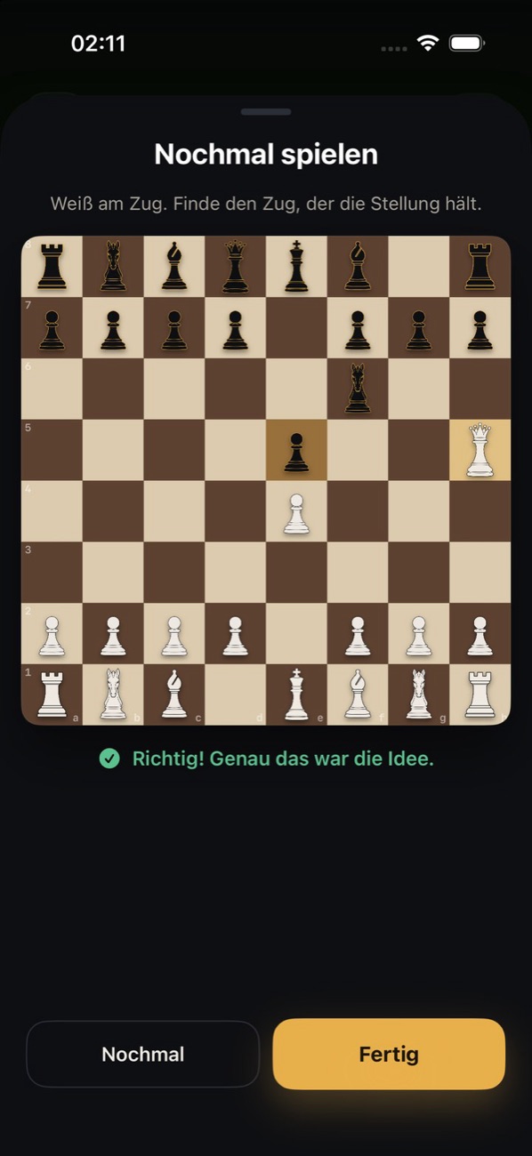 Übungsmodus von OnyxChess: kritischen Zug nochmal spielen